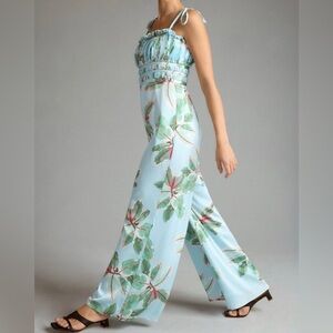 Anthropologie Hutch Ruched Satin Tropical Beach Wide Leg Jumpsuit Size 4